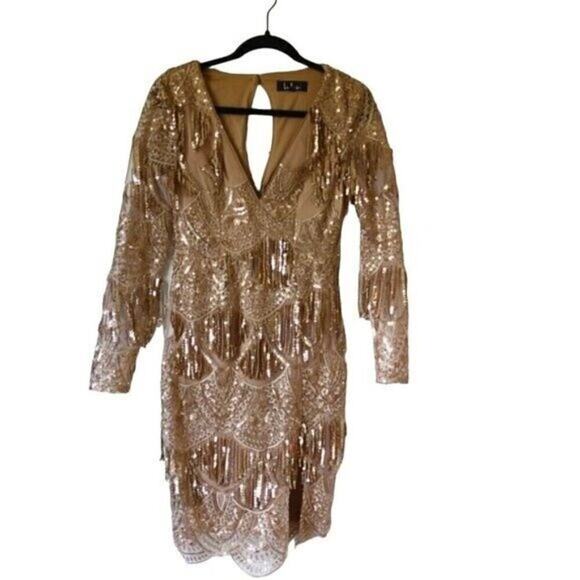 Gold Lulu's Dress XS Go Go Vintage NWOT V Neck Long Sleeve - Picture 3 of 11